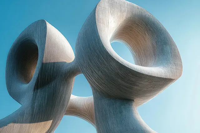 Abstract stone sculpture with smooth curved hollow shapes rises against a clear blue sky.