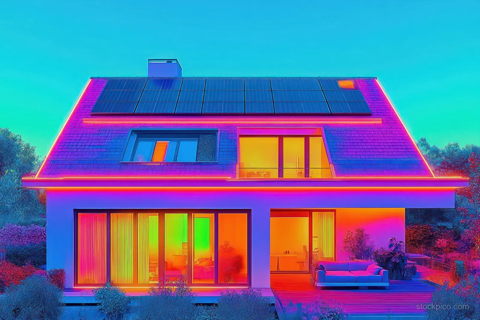 Infrared thermal image of a modern two-story house with solar panels, windows, and a visible outdoor deck under clear sky.