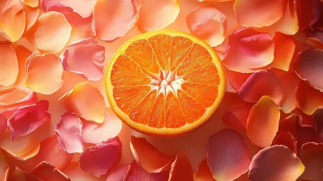 An orange citrus slice is centered among scattered pink and peach rose petals.