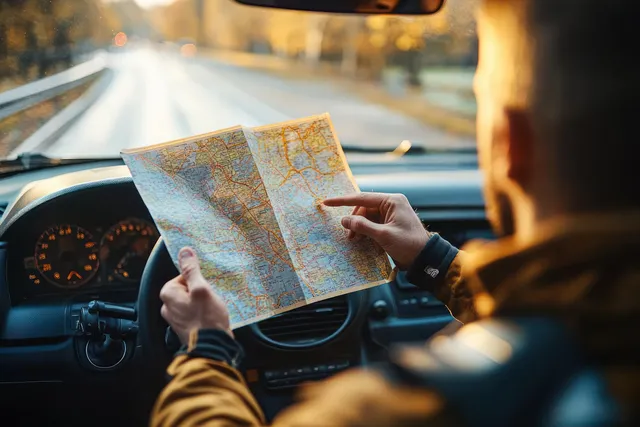 A driver reads a paper road map inside a car as warm sunset light illuminates the dashboard.