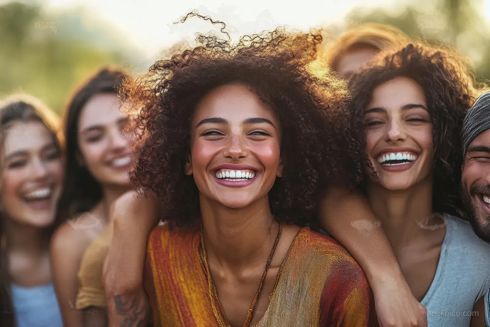 Friends laugh outdoors as one person piggybacks another in golden hour light with warm sun flare.