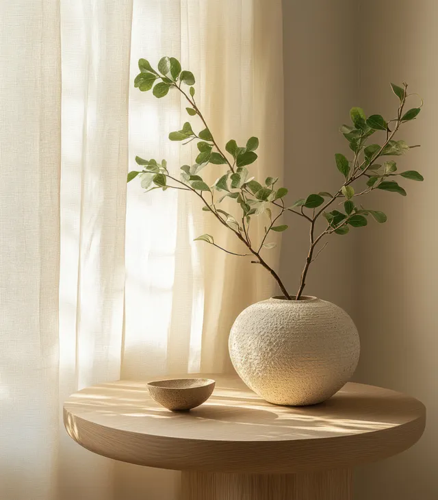 Round wooden console table with white vases holding green branches near sheer curtains in soft natural light.