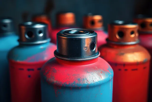 Close-up of spray paint cans with worn metal nozzle tops showing red and orange paint wear.