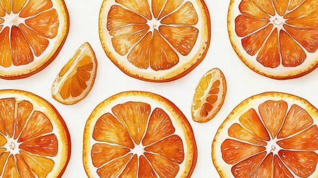 Vibrant orange citrus slices and wedges are scattered on a clean white background, showcasing their juicy texture and rich color.