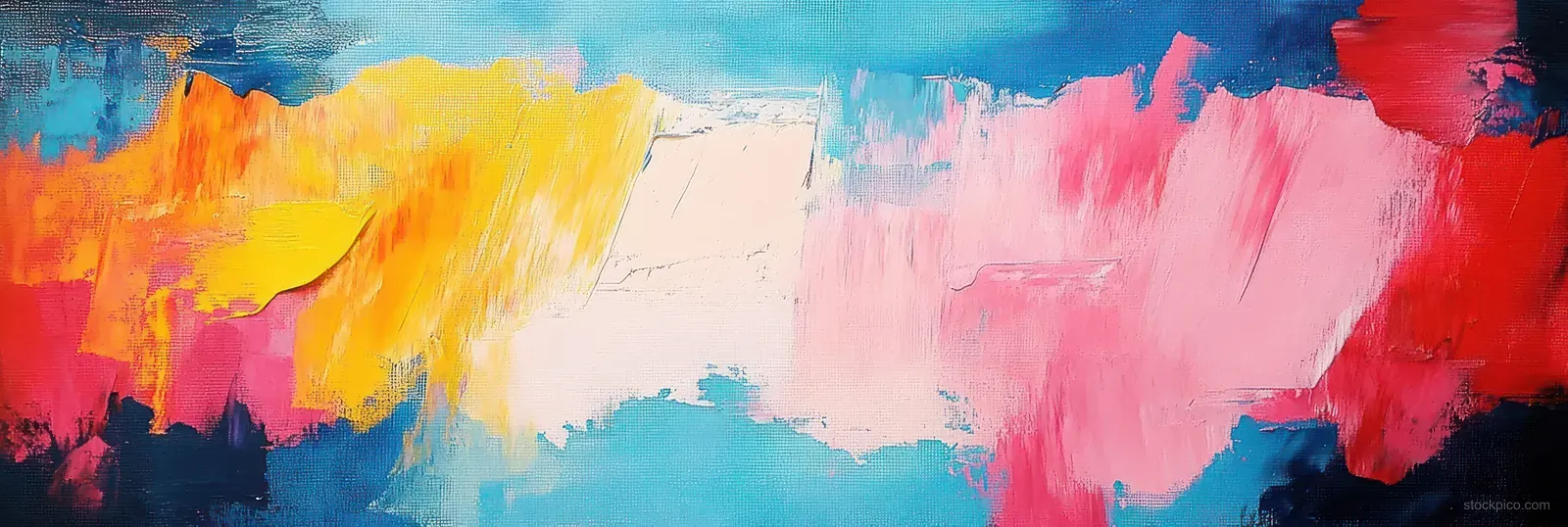 Textured abstract oil painting on canvas with bold brush strokes and vivid pink, orange, blue, and red color blocks.