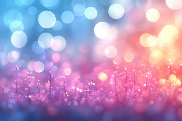 Pastel bokeh lights and prismatic caustic reflections glow over a blurred floor in a dreamy space.