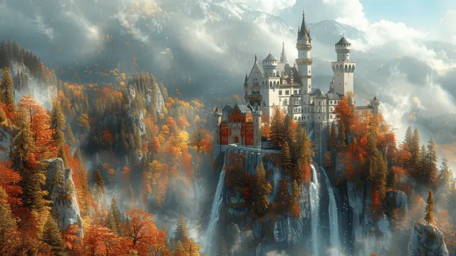 Fantasy castle towers above a rocky mountain surrounded by mist and autumn trees under golden-hour clouds.