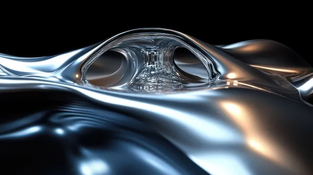 Metallic liquid waves curl around a transparent arch, reflecting bright highlights on a dark background.
