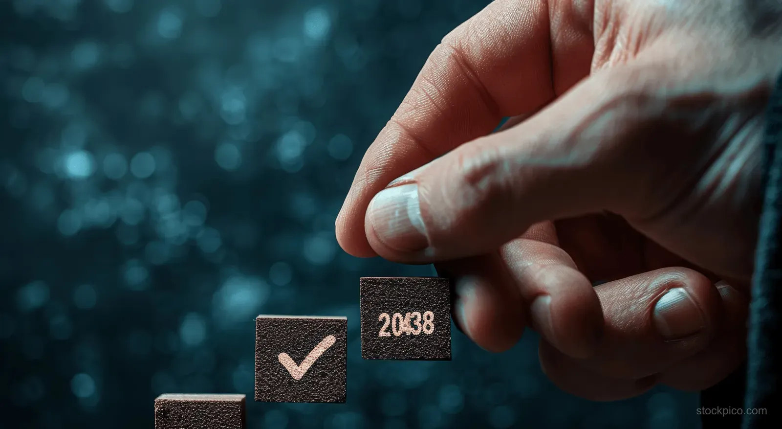 A hand places a small block with a check mark beside a numbered block.