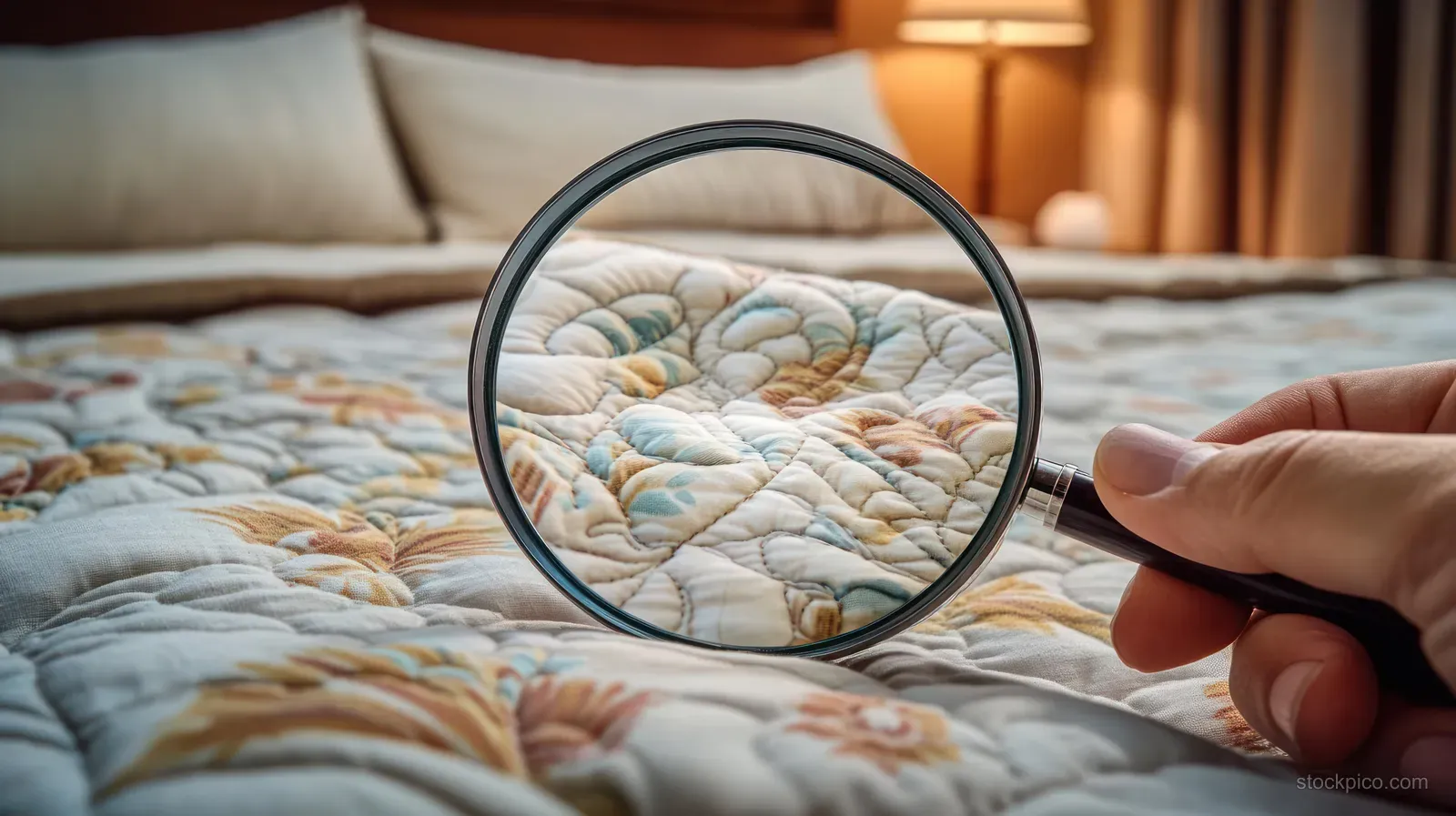 A hand uses a magnifying glass to examine a quilted mattress surface in a warmly lit bedroom.