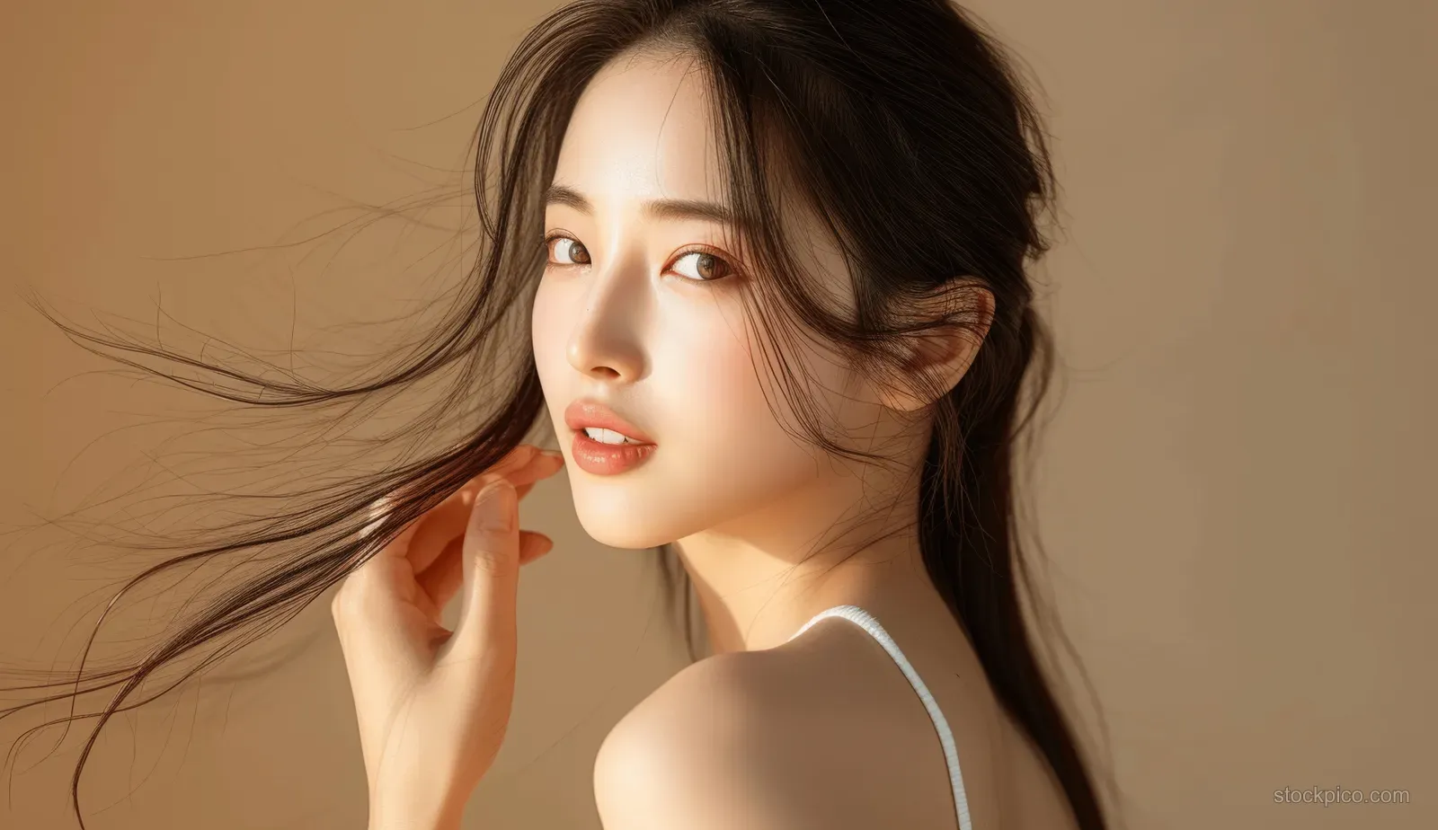 A Korean woman in a white tank top touches her face with flowing brown hair against a warm beige background.