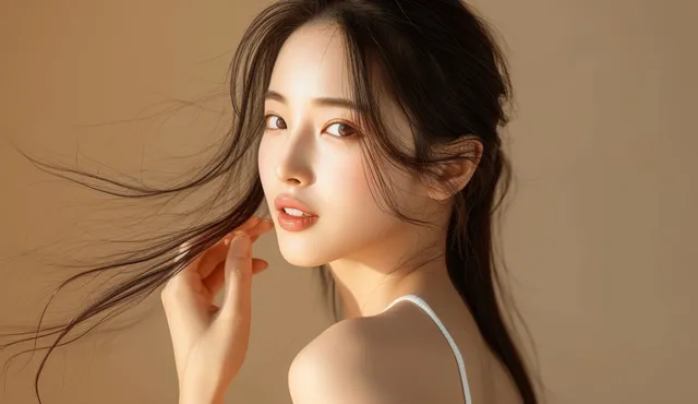 A Korean woman in a white tank top touches her face with flowing brown hair against a warm beige background.