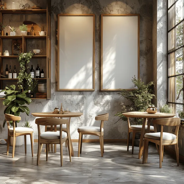 Scandinavian dining room showing a round wooden table and two blank vertical poster frame mockups on a pale wall.
