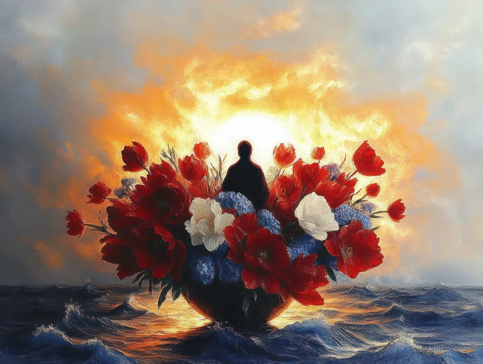 Silhouette holding a bouquet of red, white, and blue flowers with a fiery sunset reflecting on a calm ocean.