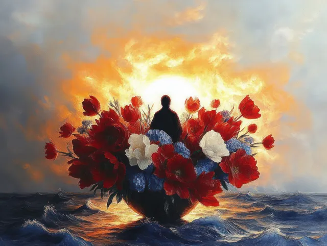 Silhouette holding red, white, and blue flowers against fiery sunset over calm ocean