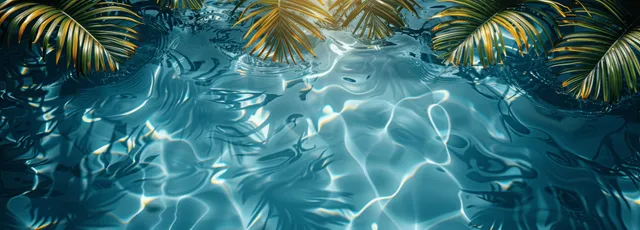 Palm fronds cast dappled shadows on light blue water with visible ripples and bright highlights.