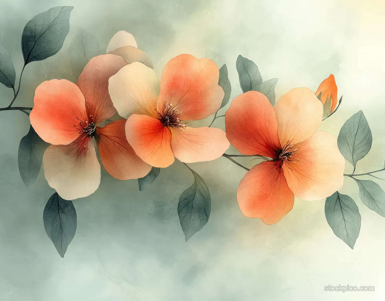 Watercolor wildflowers with eucalyptus leaves arranged along a floral border on a white background.