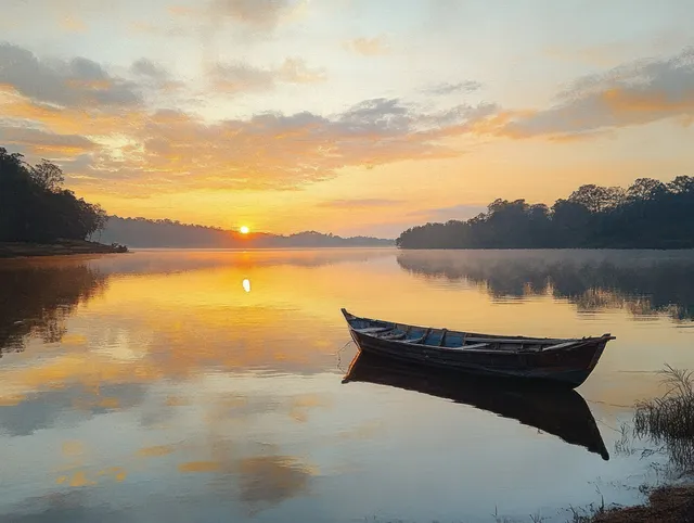 Sunrise lakeside with a wooden boat floating silently beside mirrored calm water