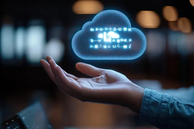 Hands reach toward a glowing cloud download icon above a laptop workspace in soft ambient light.