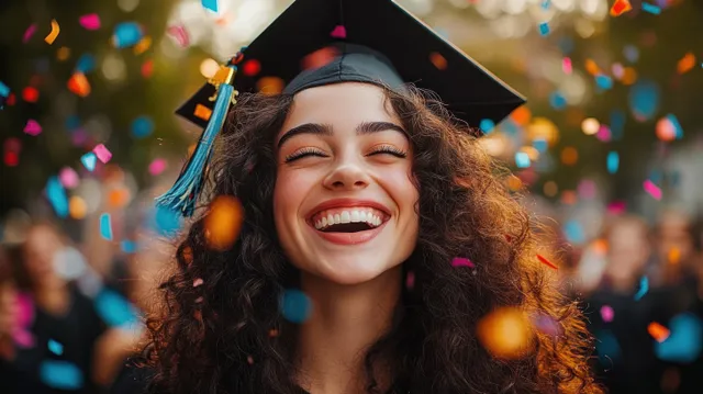 Smiling graduate in cap and gown with curly hair as colorful confetti falls outdoors