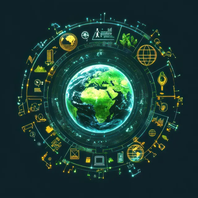 Glowing circular digital interface with a centered Earth globe surrounded by technology and environmental icons.