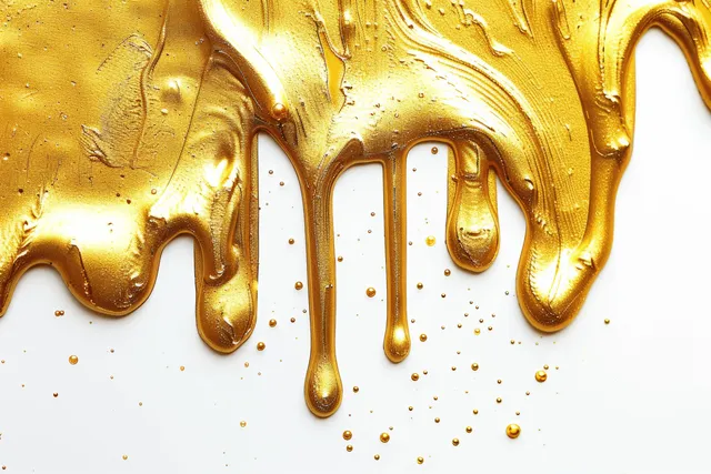 Gold acrylic paint drips over a bright white surface with small splatters and wet textured streaks.