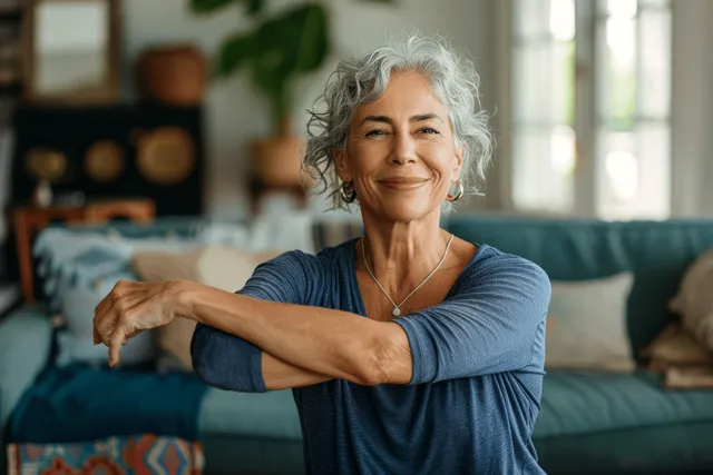 Smiling senior woman stretches her arms and neck during yoga at home in front of a green sofa.