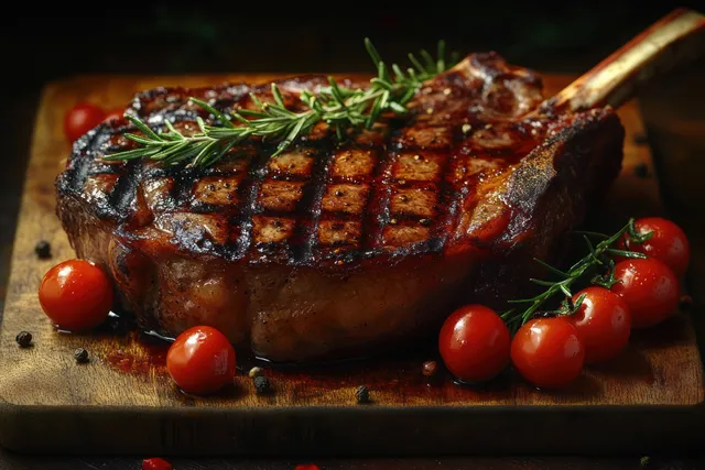 Juicy grilled ribeye steak with rosemary, char marks, and cherry tomatoes on wooden cutting board