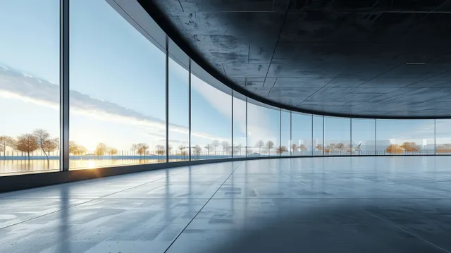 Modern glass building entrance with concrete forecourt, empty street perspective and soft sunset light