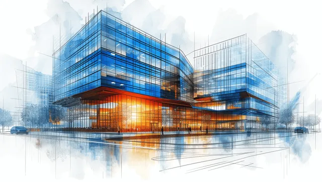 Healthcare Facility Blueprint with Glass Facade and Architectural Detail