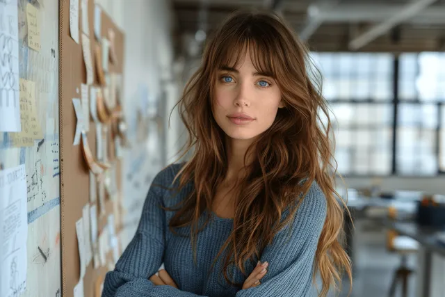 A smiling woman in a blue sweater stands in a creative office beside sticky-note boards with design ideas on the wall.