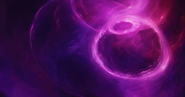 Purple and pink nebula clouds swirl into a glowing circular vortex against a dark space background.