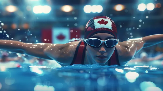 Female swimmer in breaststroke splashes water beside a Canadian flag swim cap under bright pool lights.