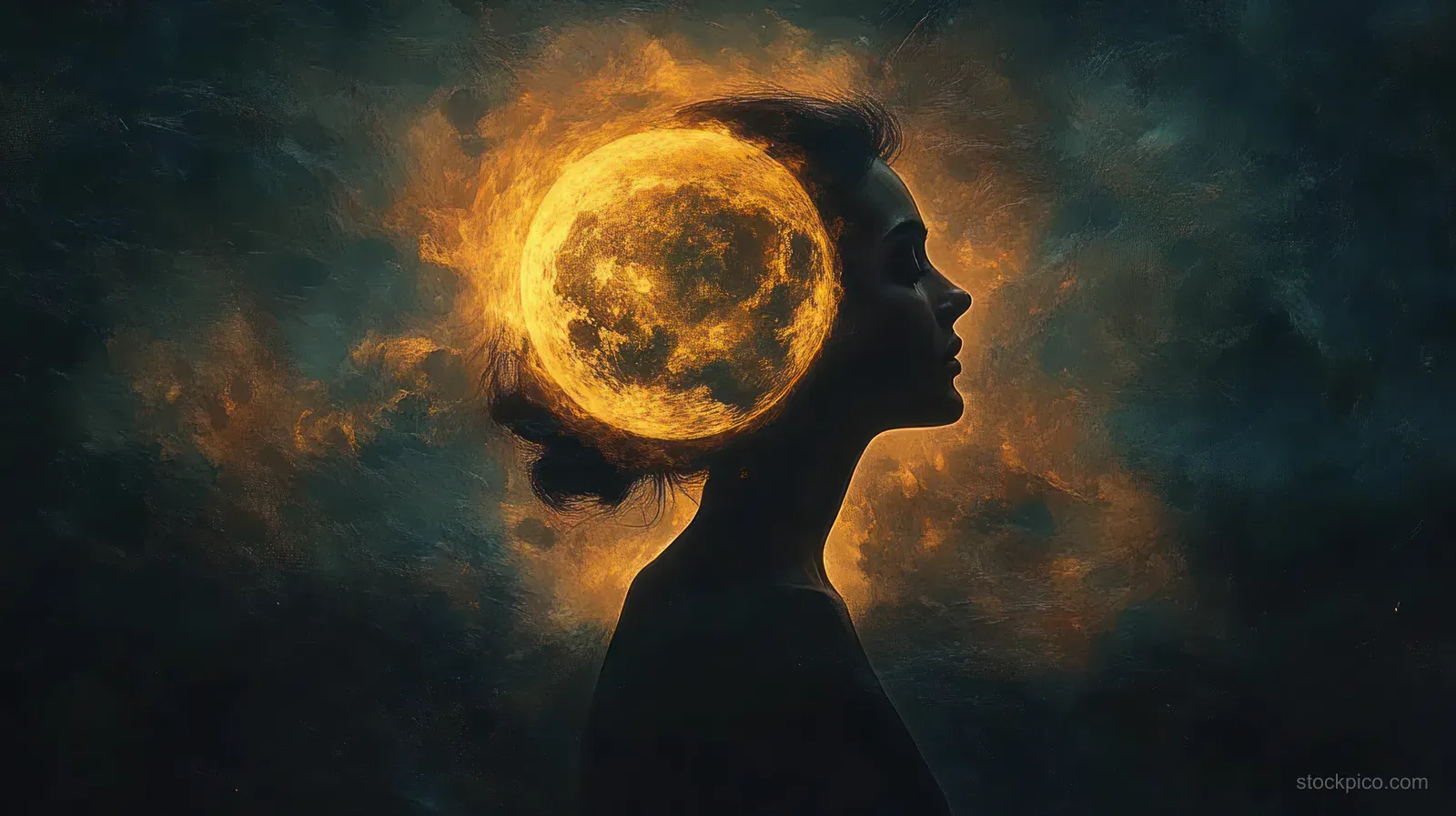 Profile silhouette of a woman with a fiery glowing full moon halo behind her head in a dark cloudy sky.