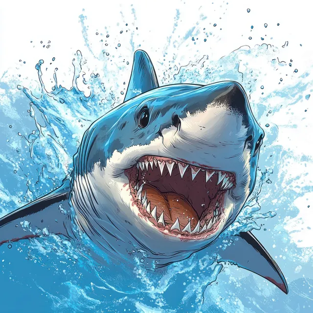 A great white shark surfaces with its mouth wide open showing sharp teeth amid splashing ocean water.