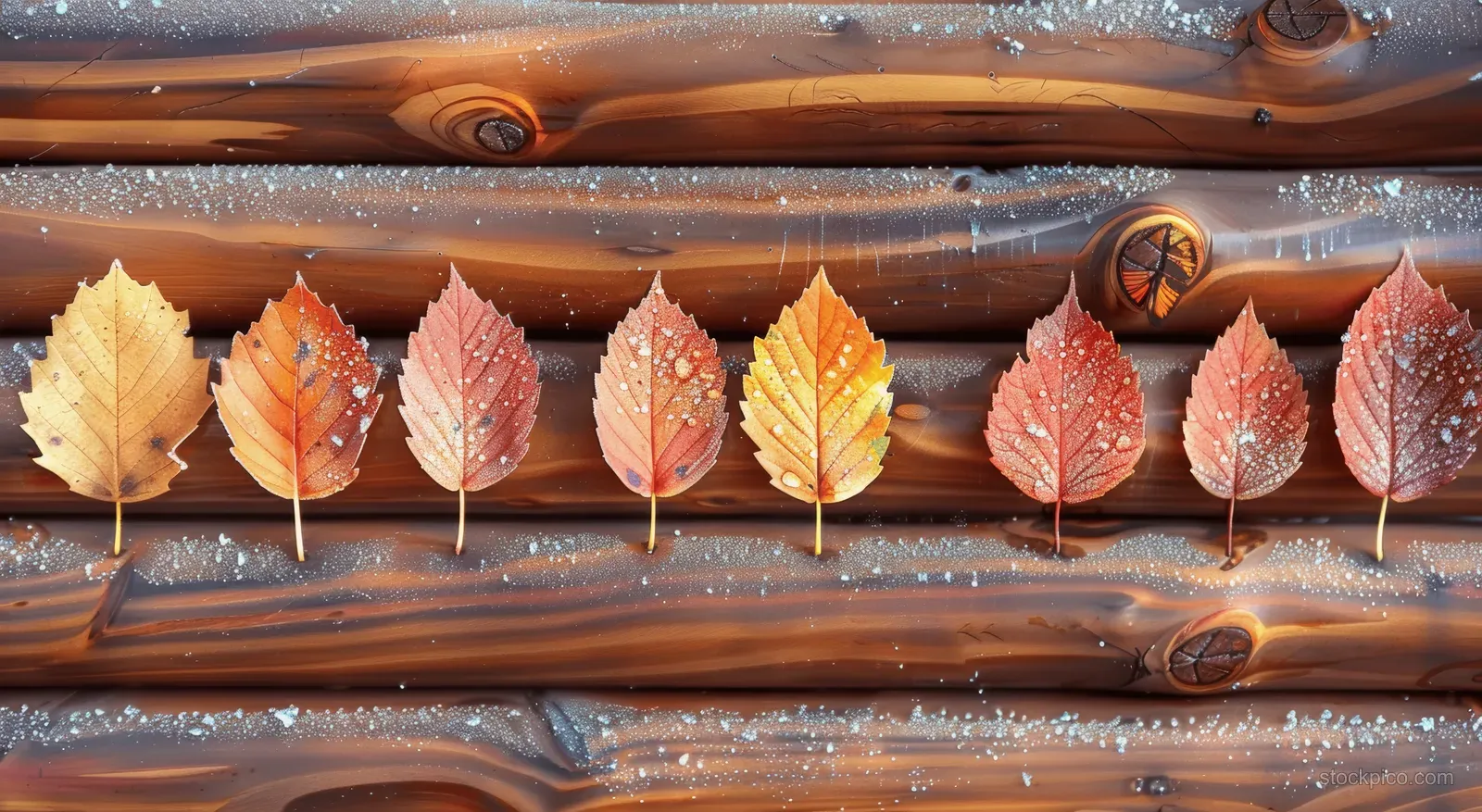 Mixed autumn leaves are neatly arranged in a rustic wooden frame with warm red and golden tones.