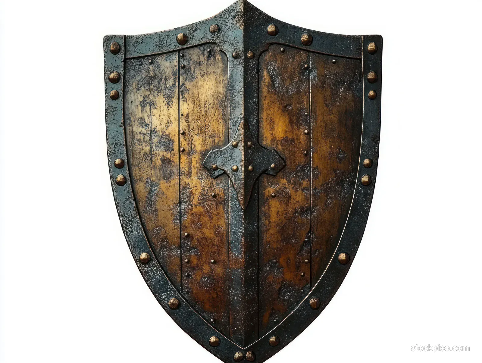 Weathered medieval wooden shield with riveted metal reinforcements isolated on a white background.