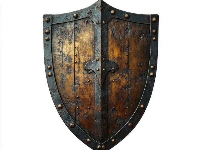 Weathered medieval wooden shield with riveted metal reinforcements isolated on white background