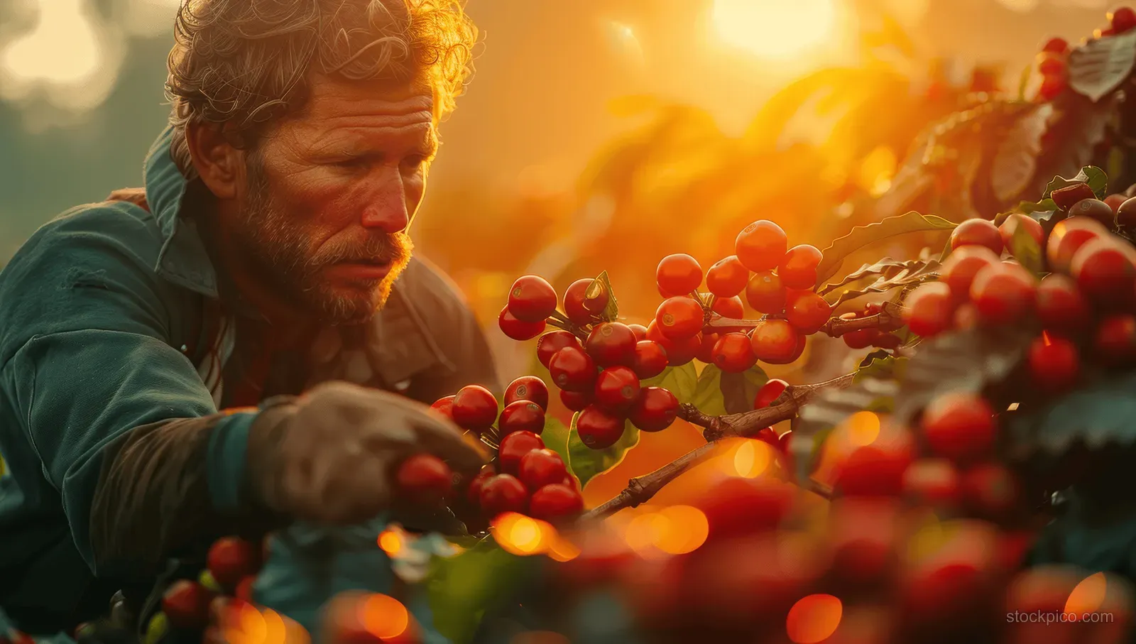 A coffee farm worker harvesting red cherry coffee fruits at sunrise with misty warm light behind.