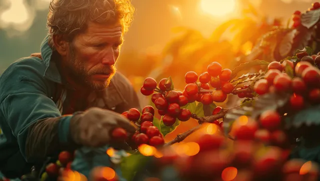 A coffee farm worker harvesting red cherry coffee fruits at sunrise with misty warm light behind.