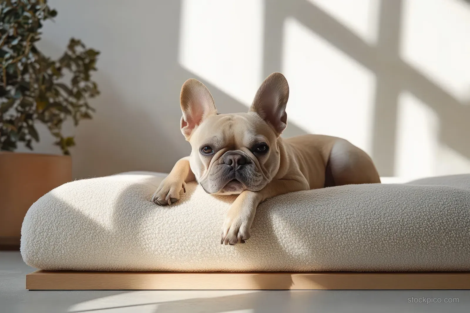Light tan French bulldog resting on a textured cream cushion bed with soft sunlit shadows and a nearby indoor plant.