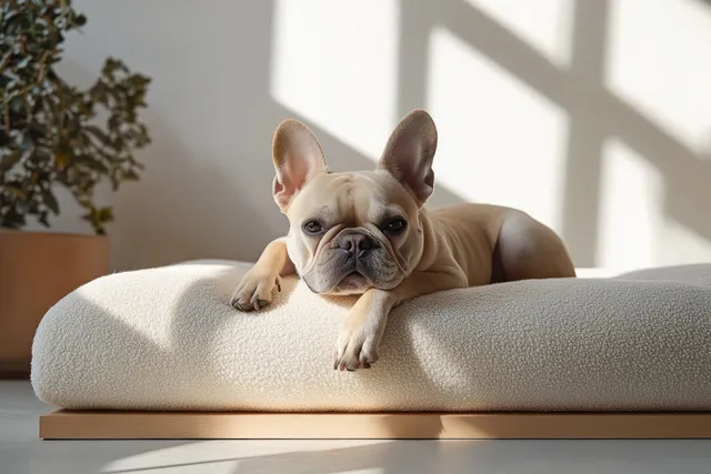 Light tan French bulldog resting on a textured cream cushion bed with soft sunlit shadows and a nearby indoor plant.