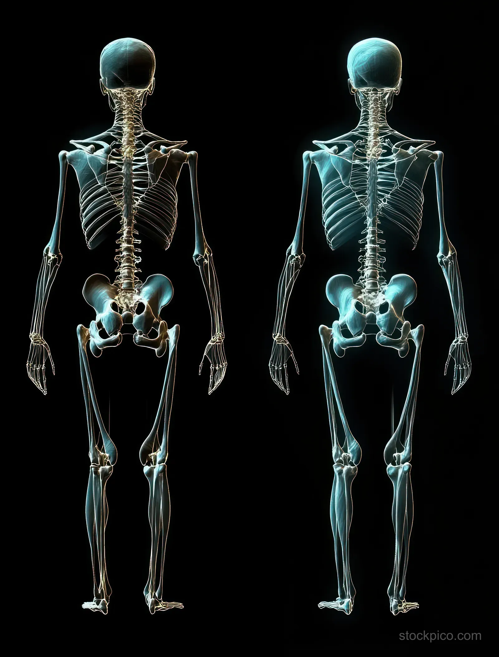 Transparent X-ray skeleton front and side views glow in teal on a dark background.