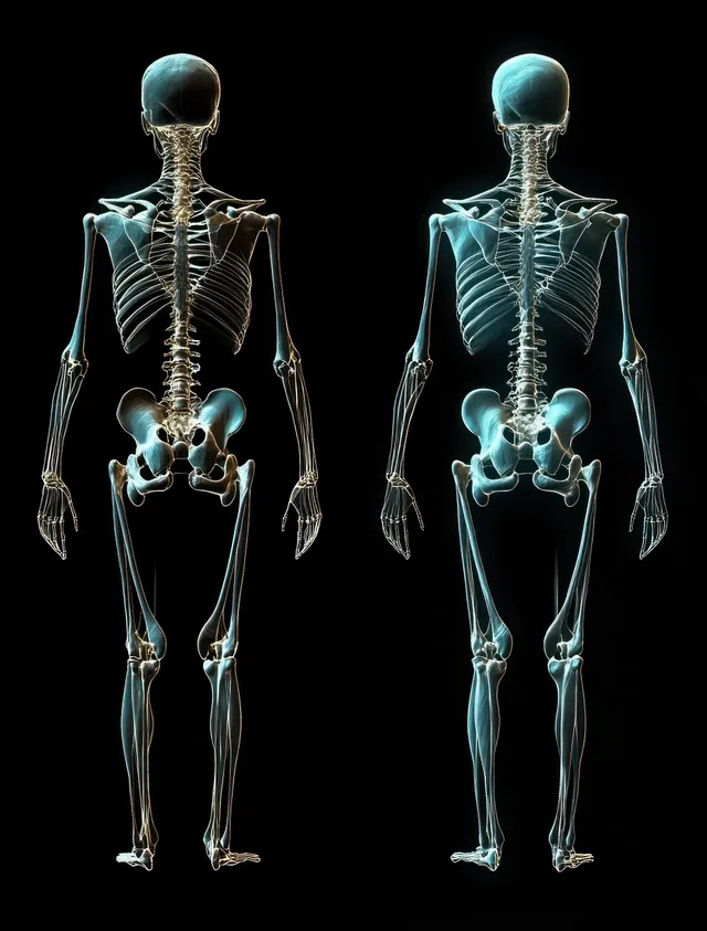 Transparent human skeleton figure, front and side X-ray glow on dark background