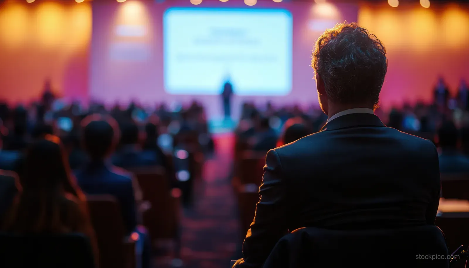A man in a suit faces an auditorium audience during a conference panel, with a bright presentation screen behind him.