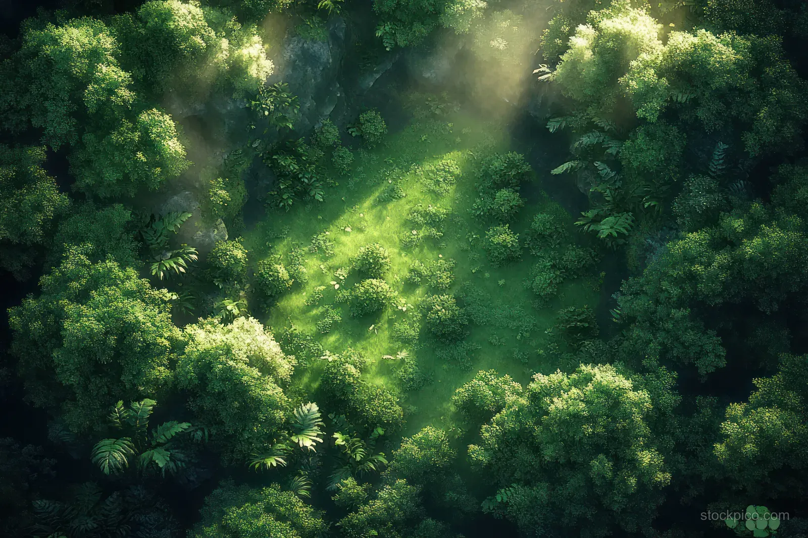 Sunlit clearing opens within a dense forest canopy, forming a glowing fantasy battlemat scene.