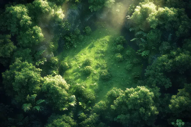 Sunlit clearing opens within a dense forest canopy, forming a glowing fantasy battlemat scene.