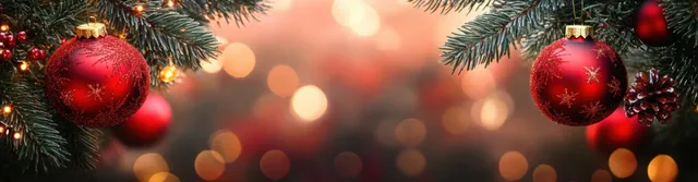 Red and gold Christmas ornaments hang from evergreen branches with warm glowing lights in the background.