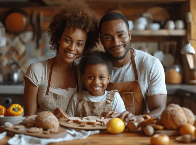 Family preparing a healthy breakfast on a wooden table with rolling dough and fresh fruit