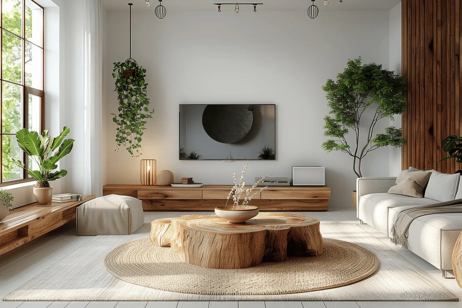 Minimal living room with white walls, wooden TV console, stump coffee table, and soft sofa near a large window.